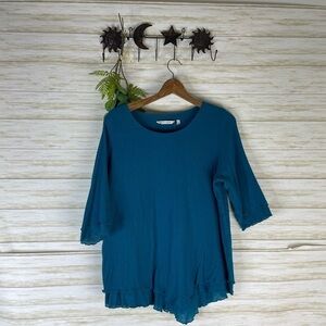 Soft Surroundings Teal Lettuce Hem Layered Gauzy Cotton Tee